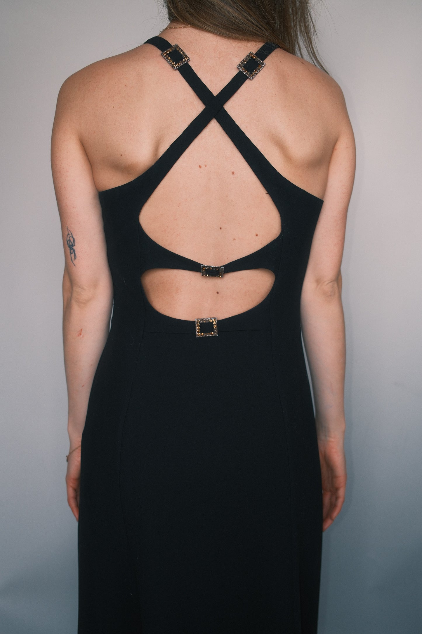 Black maxi dress buckle detail