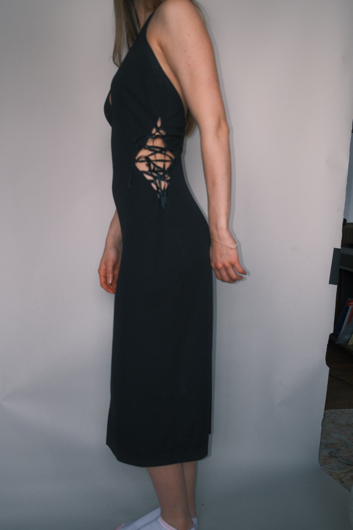 Black halter midi dress